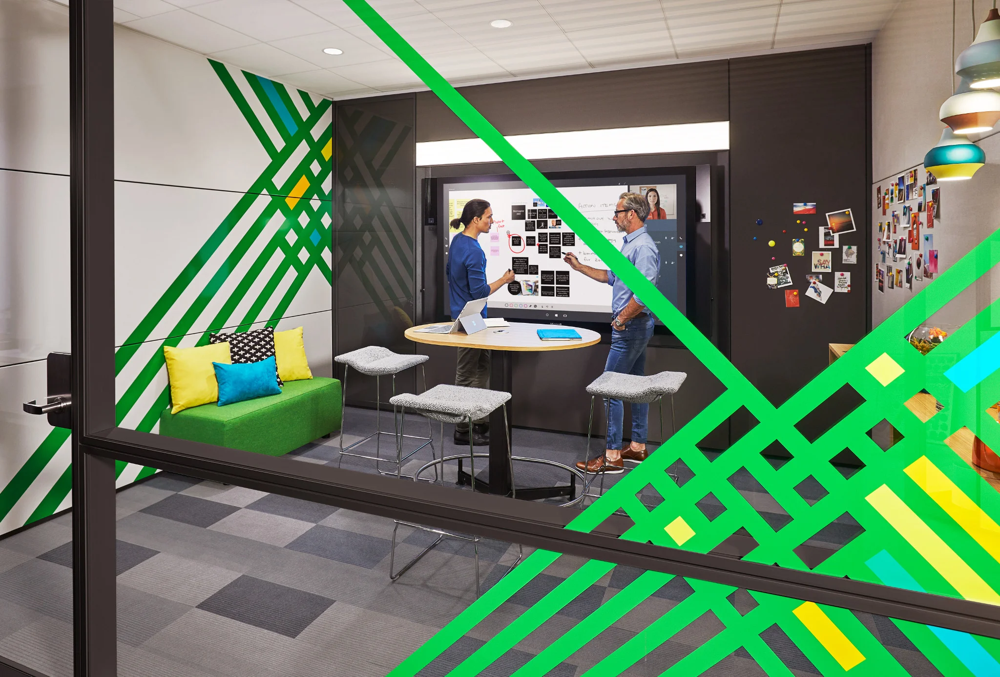 Cool graphics incorporated into this creative space.