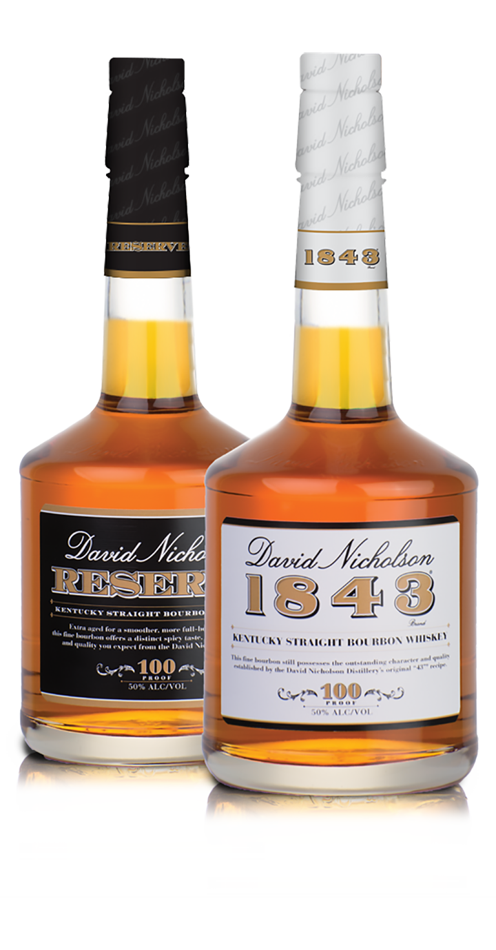Image of the new David Nicholson front labels and capsule enclosures designed by Chris Frank and his Cfx creative team for Luxco ’s David Nicholson 1843, and the all-new David Nicholson Reserve.