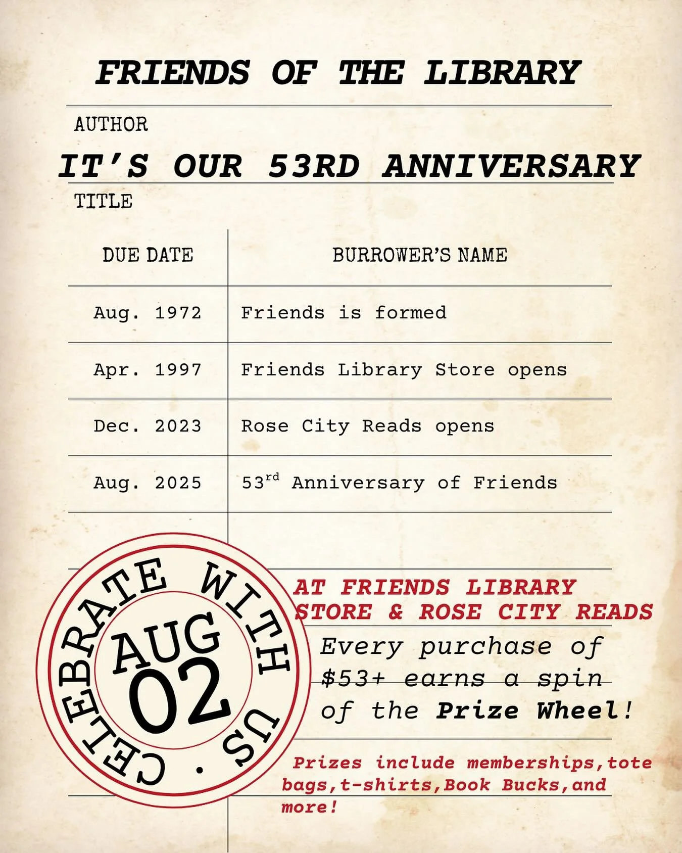 Friends of the Library is turning 53 years old! The best way to celebrate is a $53 purchase at Friends Library Store (801 SW 10th Ave) or Rose City Reads (221 NE 122nd Ave)&nbsp;TODAY. You will qualify for a Spin of the Wheel for significant&nbsp;pri