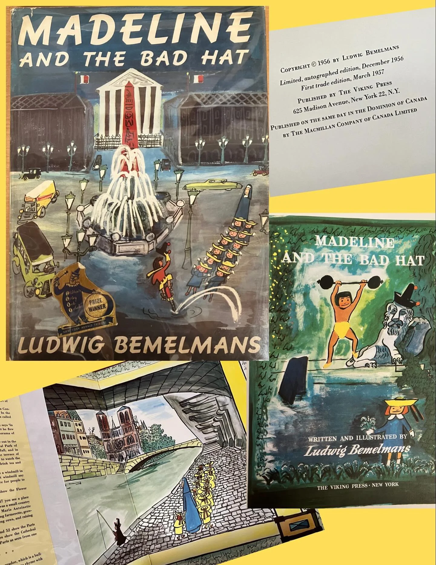 COLLECTORS CORNER FEATURE OF THE WEEK: First edition copy of Madeline and the Bad Hat! Published in New York by Viking Press in 1957, this copy remains in good condition with solid red cloth boards and bright illustrations by Ludwig Bemelmans. Dust j