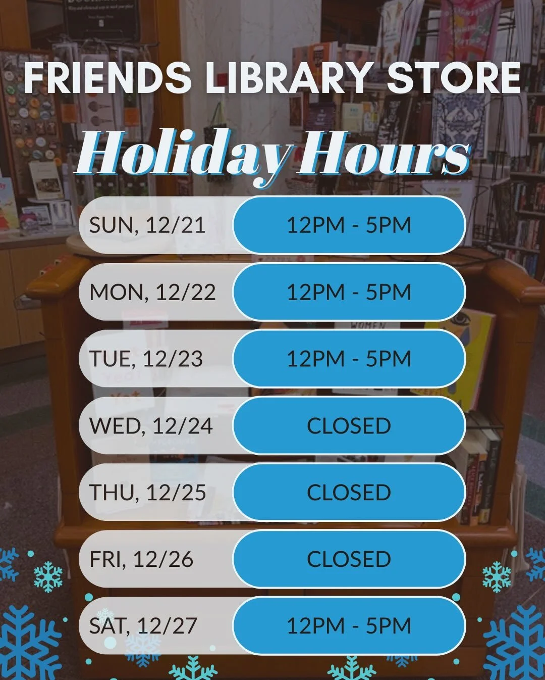 FRIENDS LIBRARY STORE &amp; ROSE CITY READS WILL BE OPEN EACH DAY STARTING TODAY THROUGH TUESDAY. TAKE ADVANTAGE OF THE EXPANDED HOLIDAY HOURS! GIFT CARDS ARE AVAILABLE. 

#friendsofthelibrary #rosecityreads #shopsmall #portland #pdx
