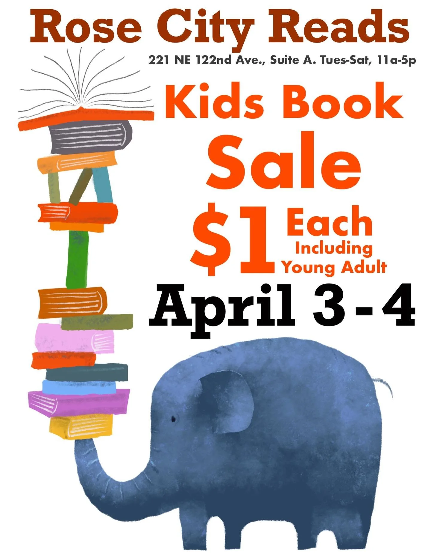 Rose City Reads&rsquo; next flash sale is scheduled! We can&rsquo;t wait to see you. Come shop our shelves and overstock tables on Friday (4/3) and Saturday (4/4) from 11AM - 5PM. All children&rsquo;s books, from board to YA, will be $1 each!

#rosec