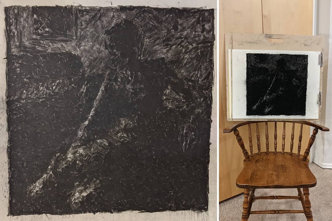 Actually really pleased with how this turned out. Photo on the left is taken with a bright light right in front of the canvas, which is how I drew it. On the right is a photo that more accurately reflects just how dark it is. Second photo is progress