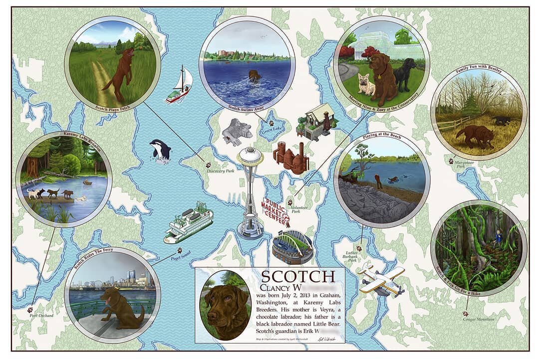 At long last this map is finished! This was a very fun project to work on; I learned so many new digital illustration techniques and loved illustrating all of Scotch's adventures. It was also very exciting to see my work gicl&eacute;e printed! If you