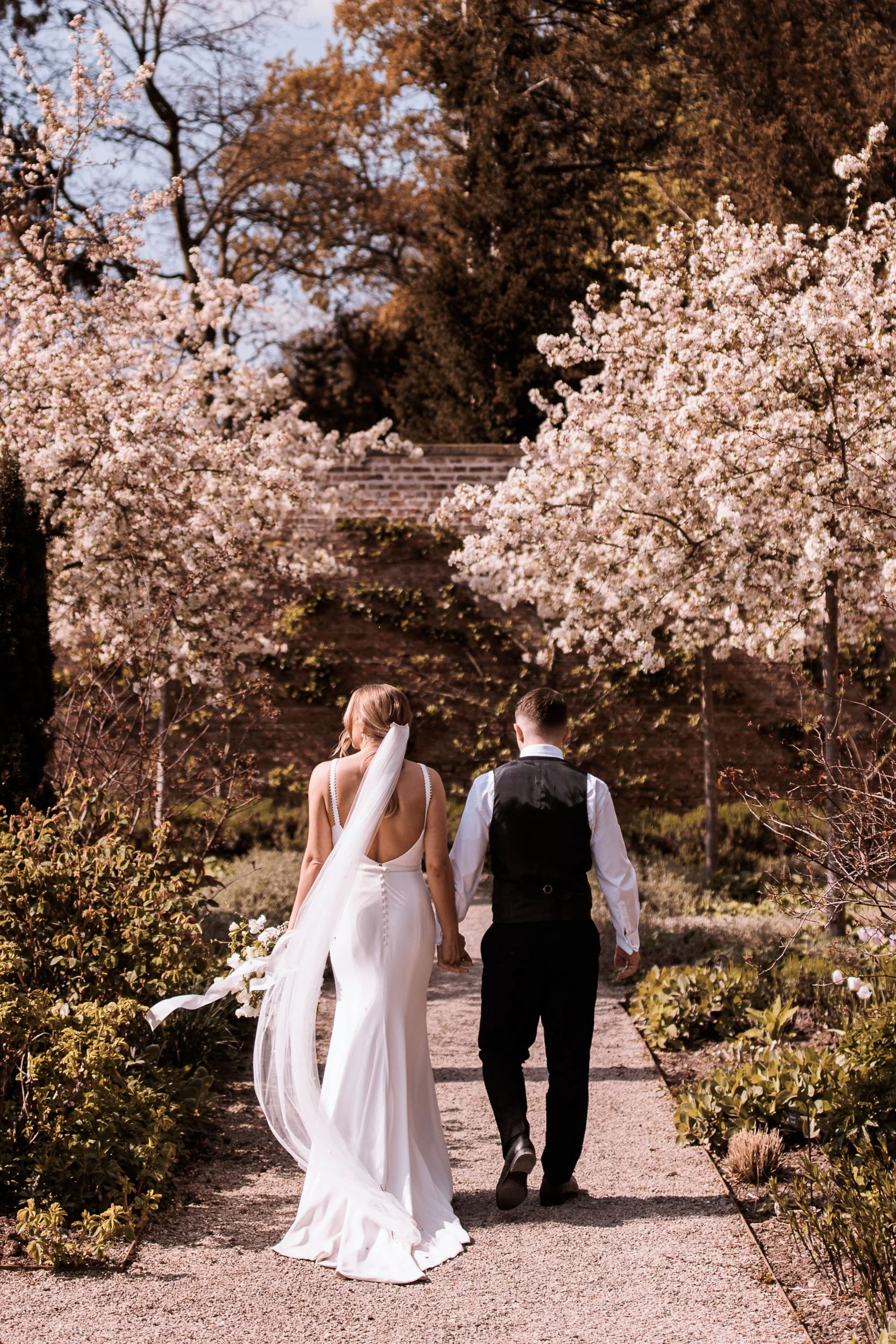 Couple walking beneath blossom in the gardens at Middleton Lodge.