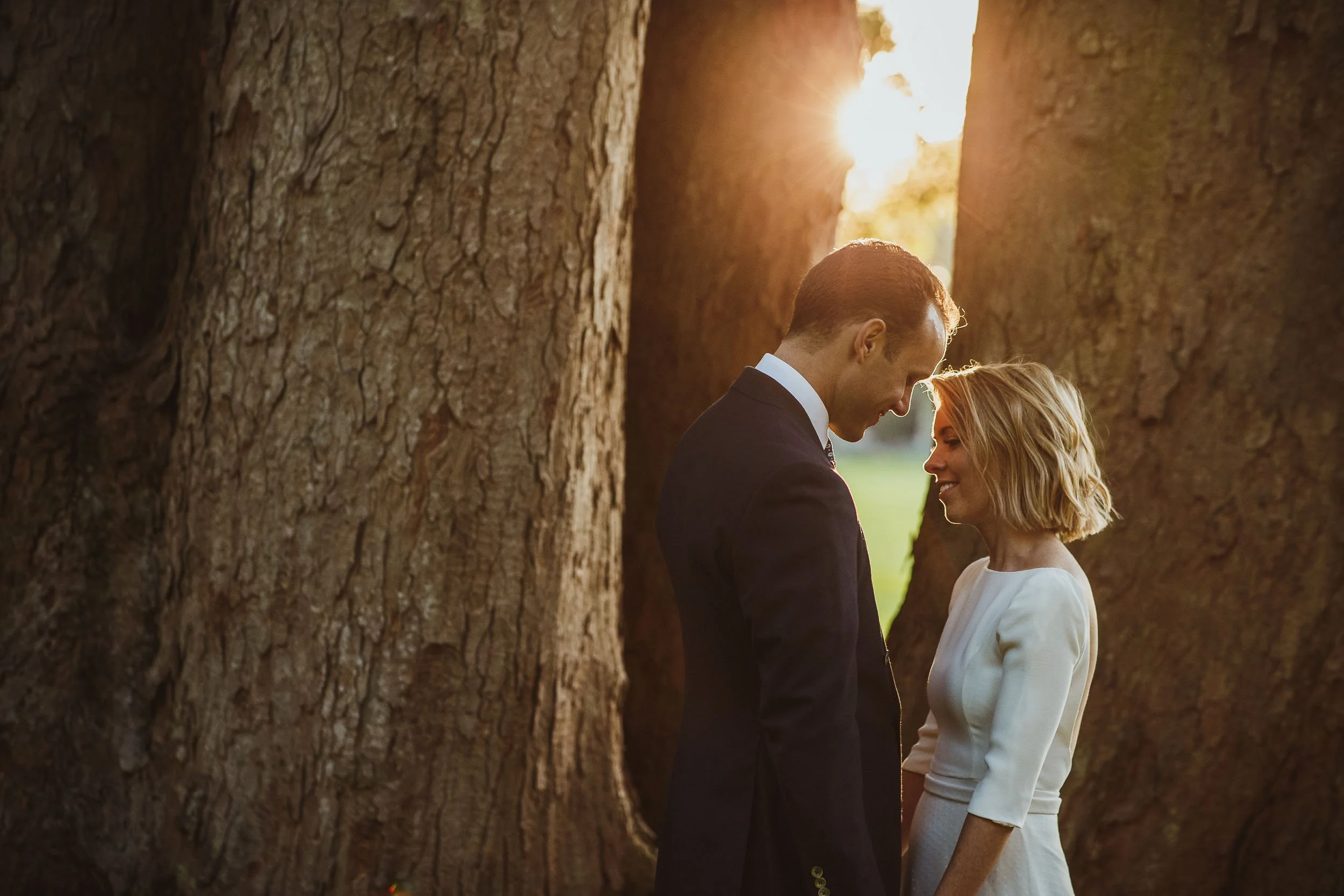 Bride and groom standing together between mature trees in warm evening sunlight at Newburgh Priory, North Yorkshire.