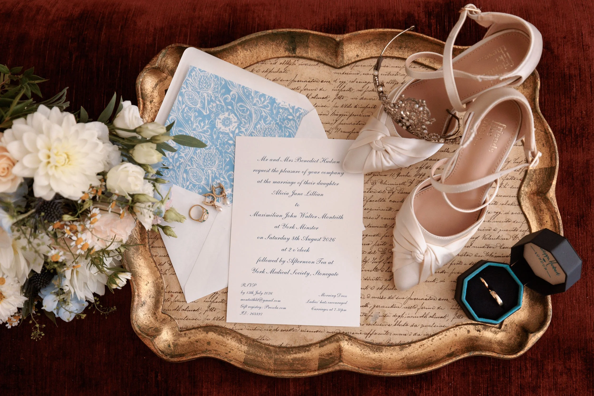 Wedding invitation, bridal shoes and details from Alicia and Max's York Minster wedding.