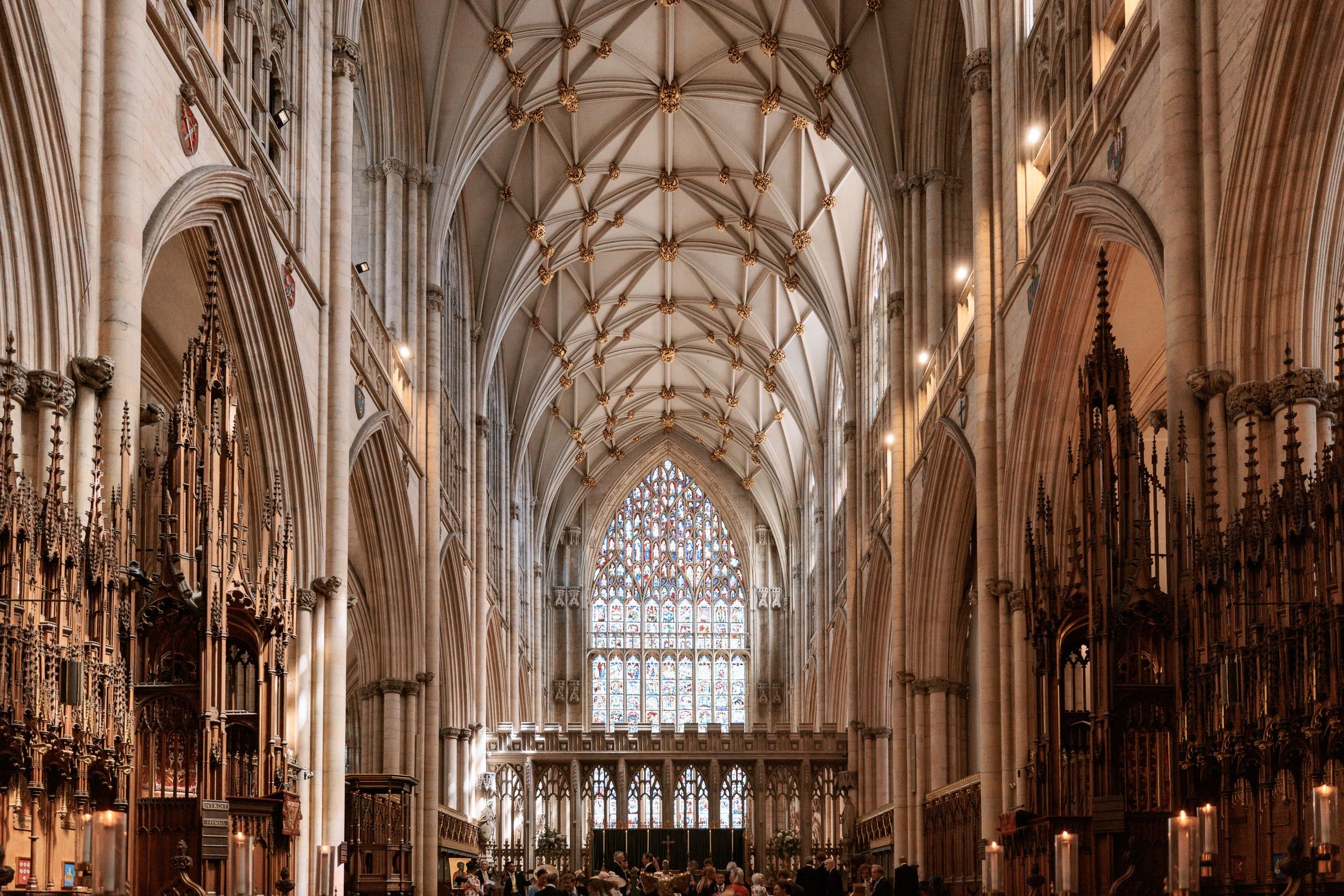 The historic interior of York Minster prepared for Alicia and Max's wedding ceremony.