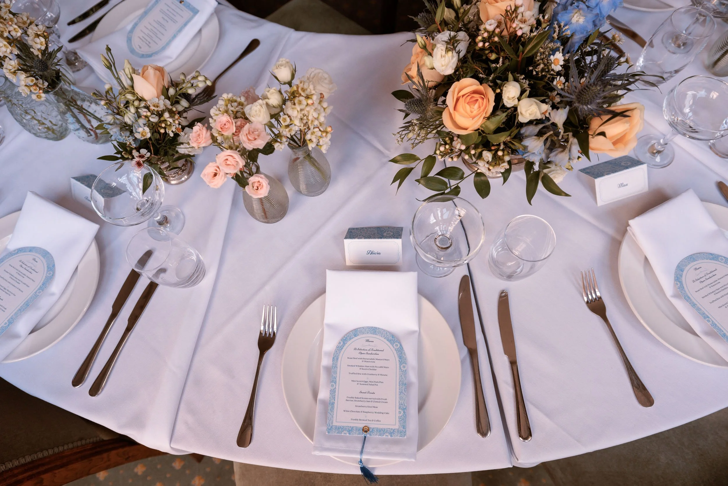 Wedding breakfast table styling and details from Alicia and Max's reception.