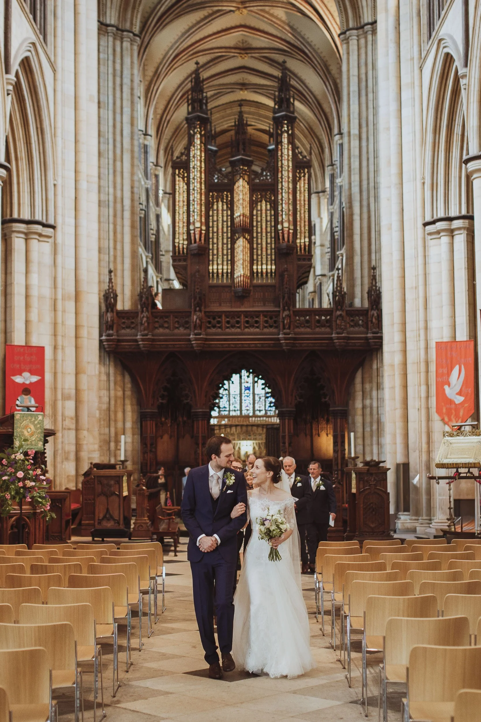 Wedding portrait at Beverley Minster, surrounded by the beautiful Gothic architecture of this historic East Yorkshire church.
