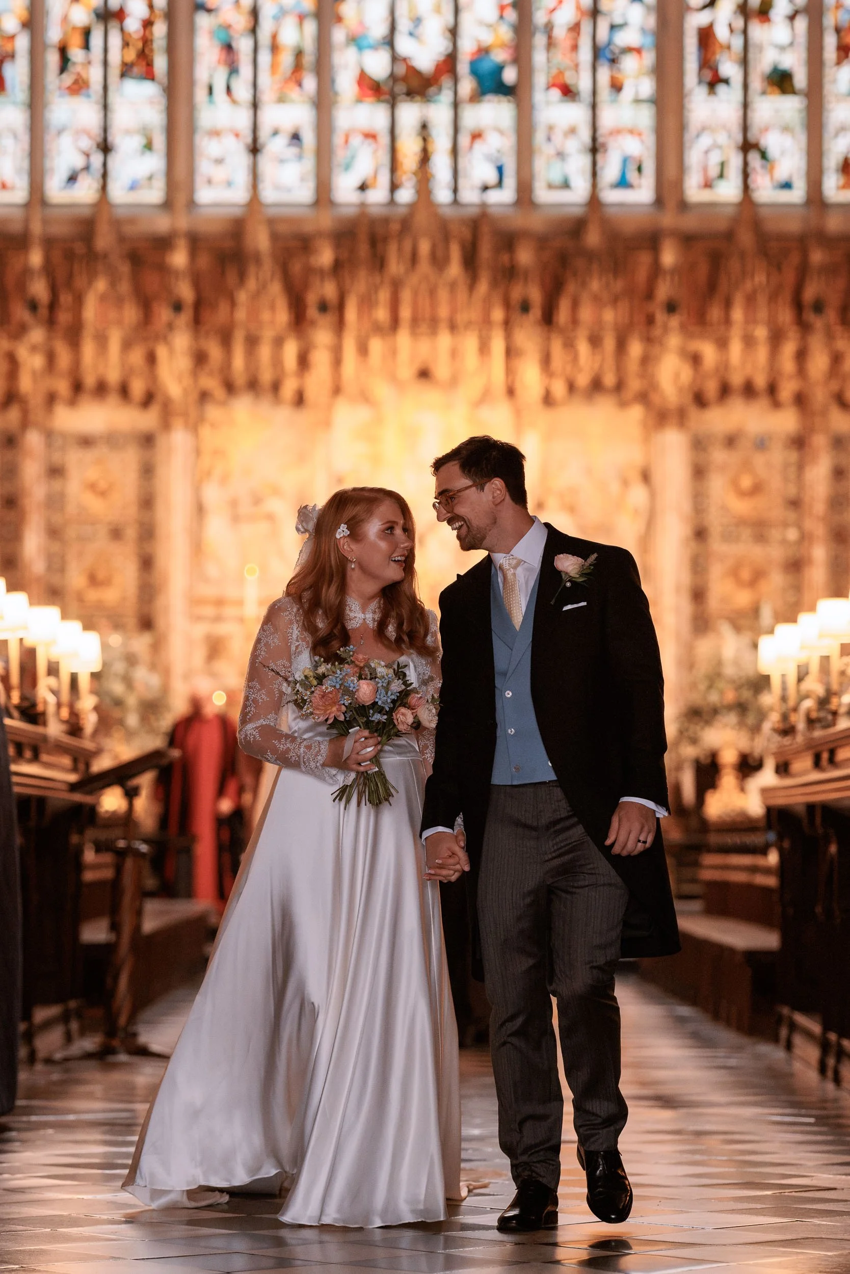 Clemmie and James together inside St George’s Chapel following their wedding