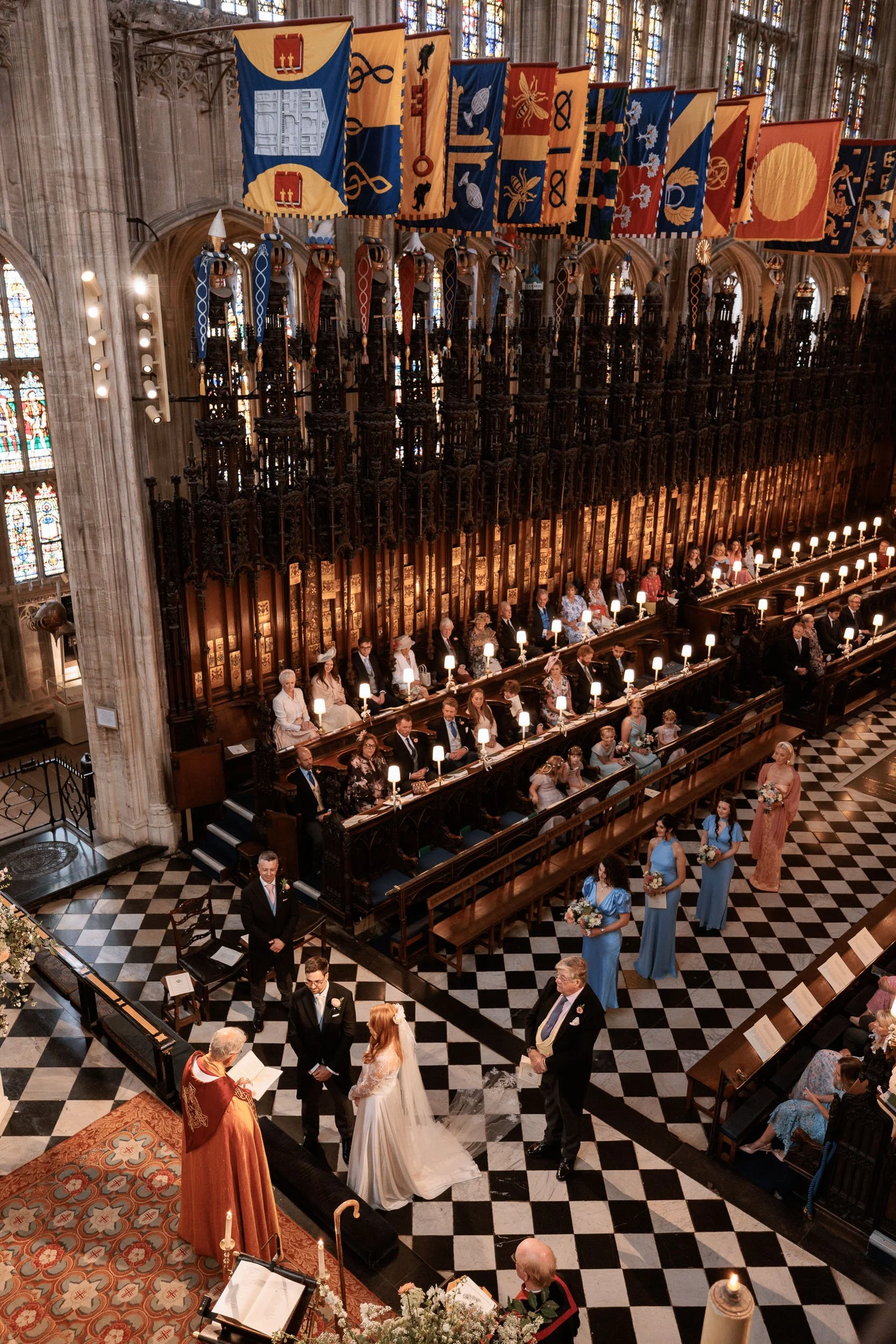 Wedding ceremony viewed from above inside St George’s Chapel at Windsor Castle