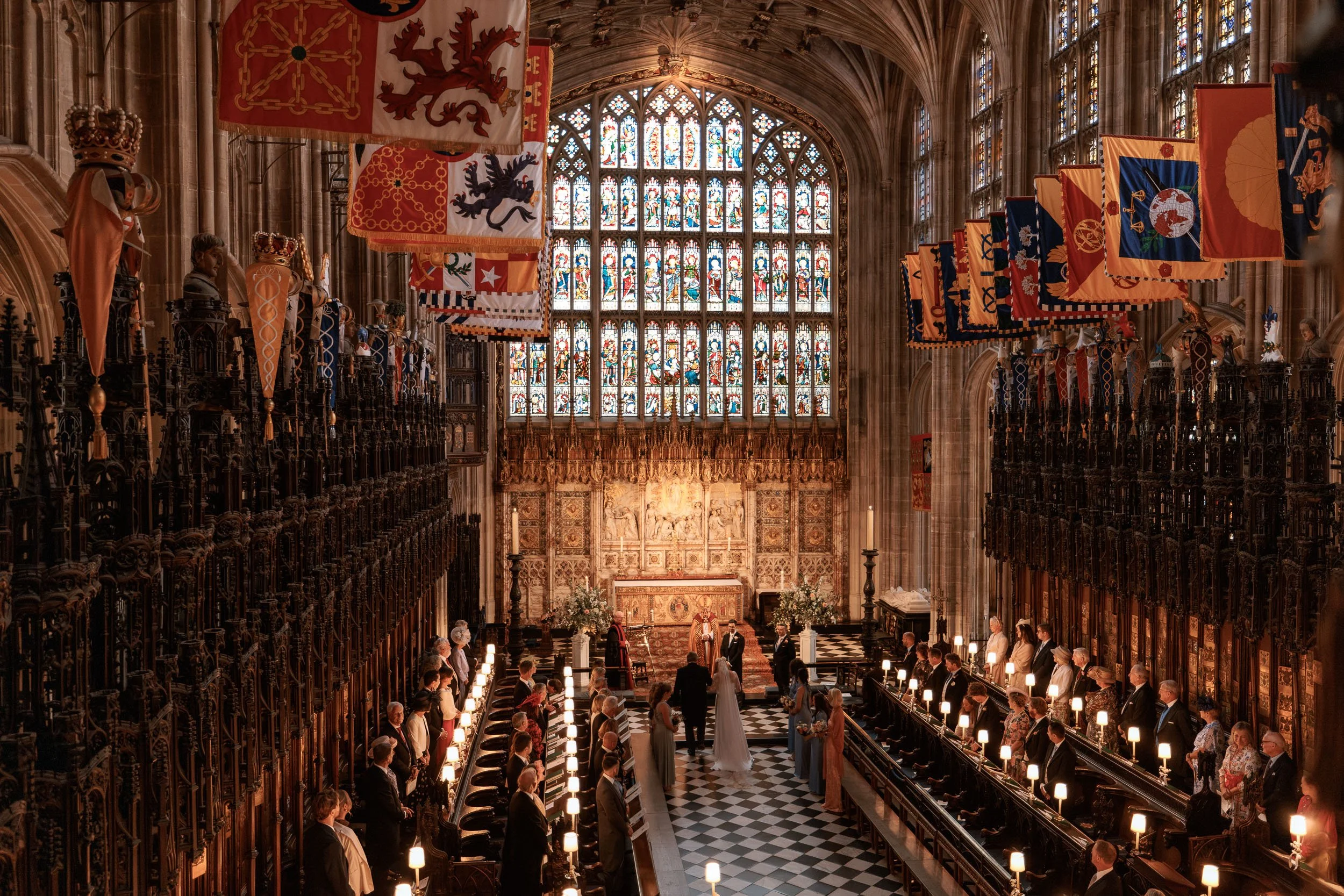 Wedding ceremony inside St George's Chapel at Windsor Castle, photographed from the elevated gallery.