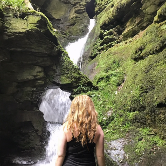 Spectacular 60 foot waterfall through a hole in the rock in Avalon. It is a very sacred place said to be where the Knights Templar would go to be blessed by the goddess and priestess.