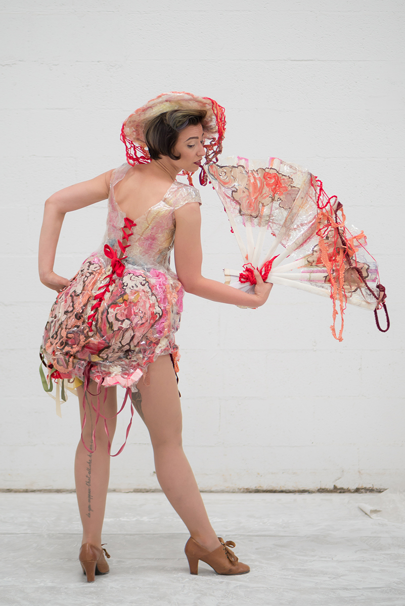 Meat Market Dress, Hat, and Fan in collaboration with Stephanie Sherwood Model: Katie Shanks Photographer: Jesus Martinez-Rizo
