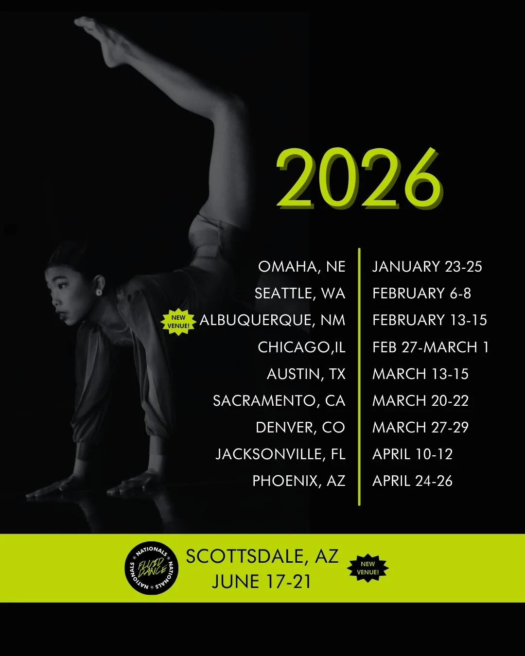 Join us during the 2026 Tour!​​​​​​​​
​​​​​​​​
Education focused Convention Classes, Live Feedback Competitions, Uplifting Environment and Motivating Community. We can't wait to share in Season 19! 💚