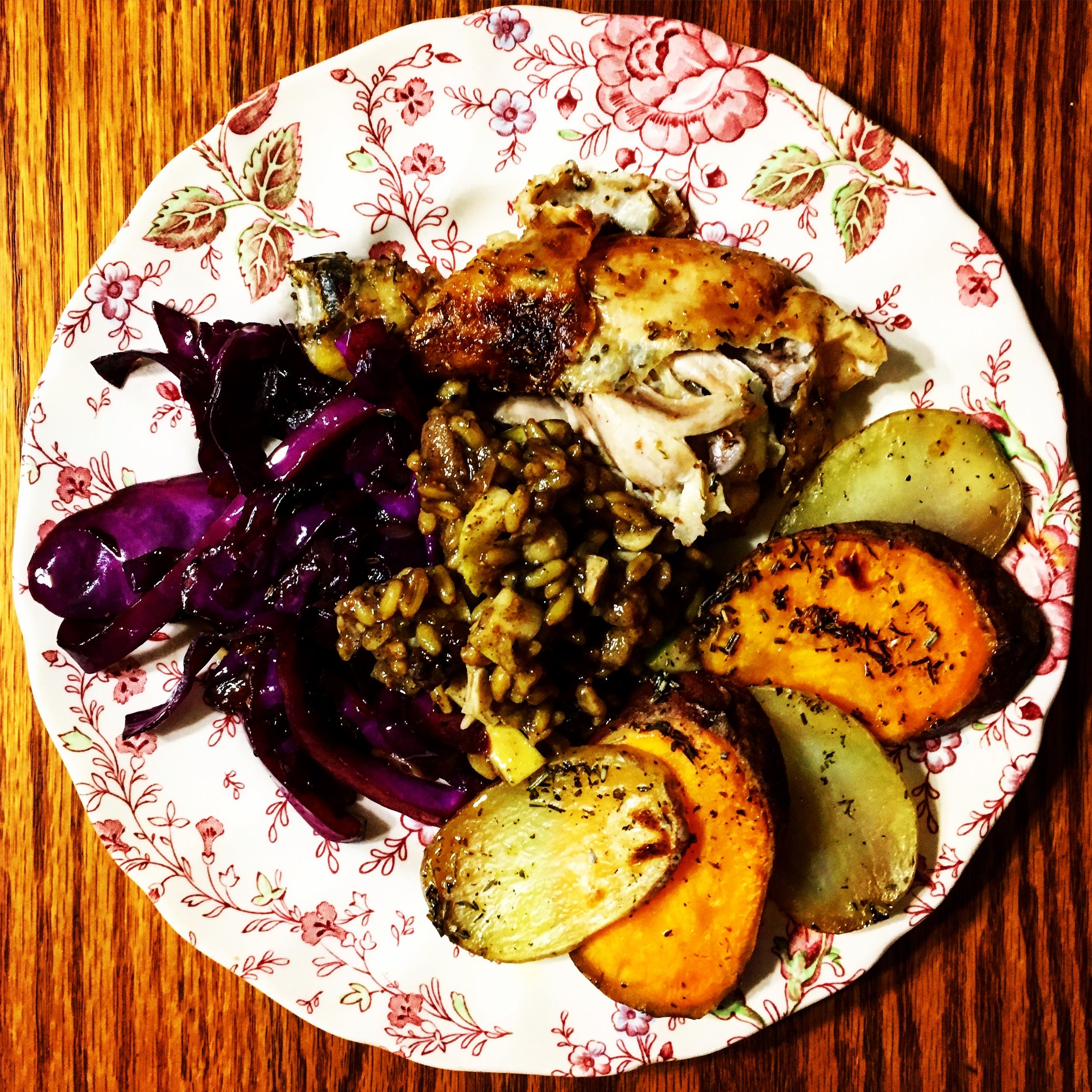 Roast Chicken, Sweet & Savory Farro, Taters, Skillet Cabbage