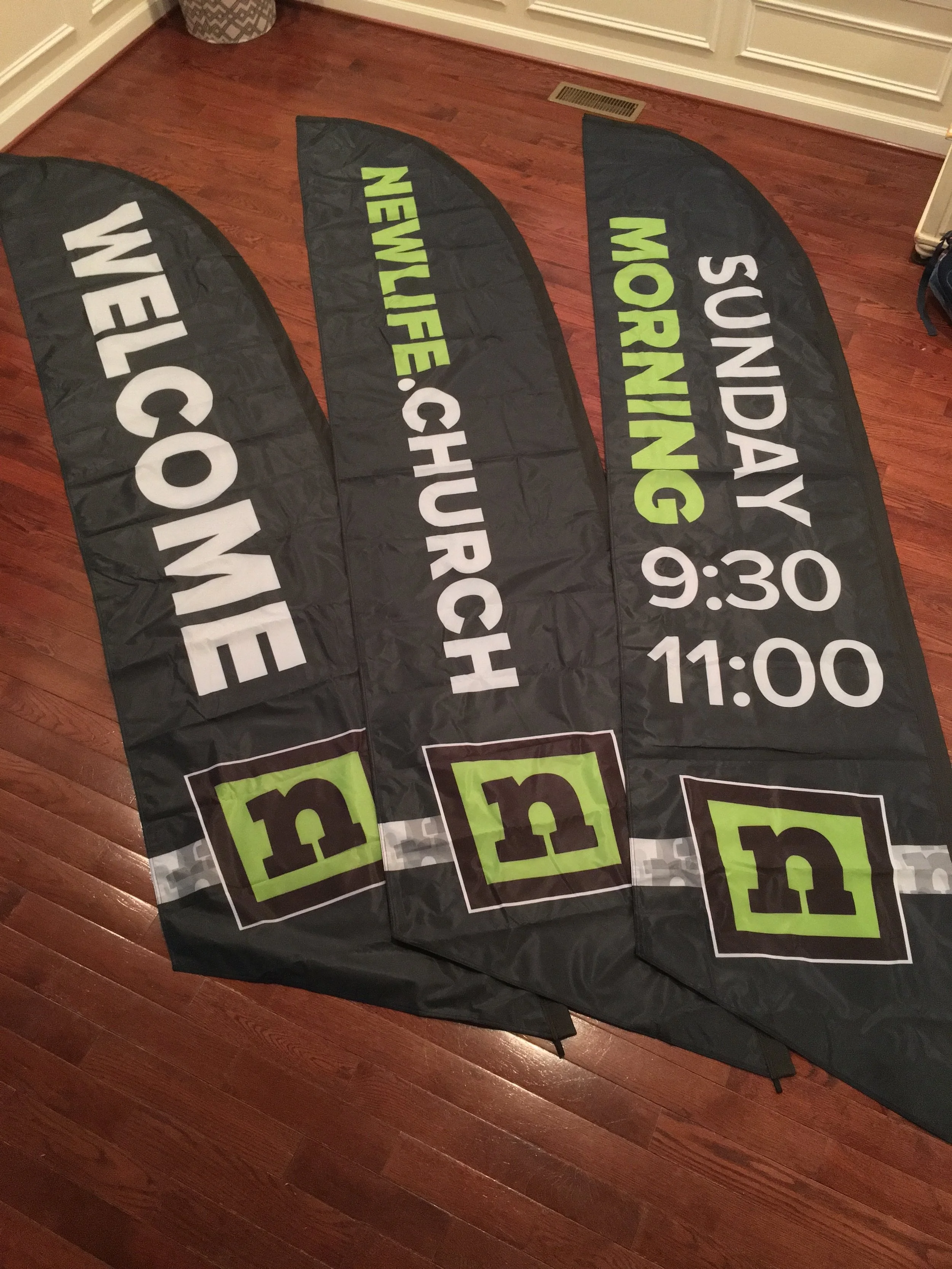 14' flag banners Ben created for the Linton Hall Campus.