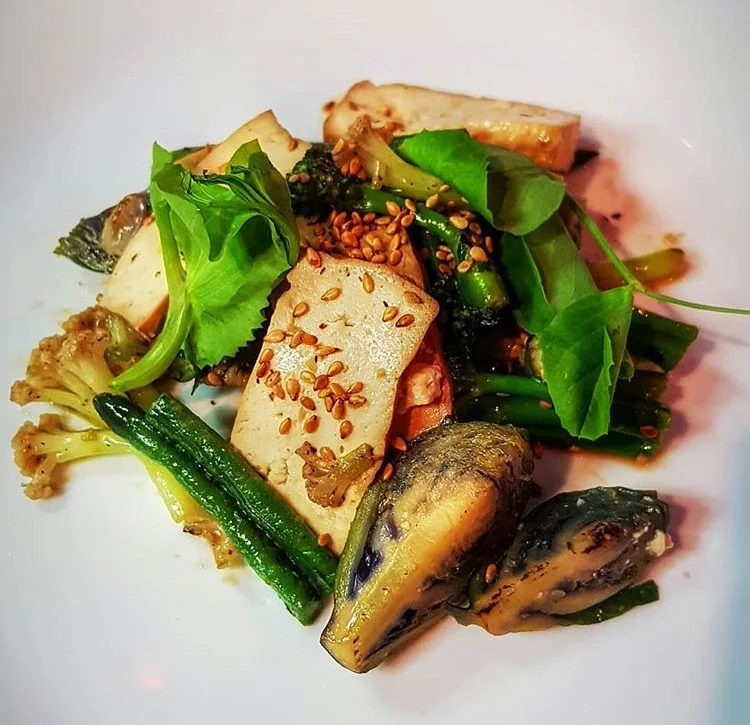 Tea and rice smoked tofu, snake beans, Karifurore cauliflower, purple Brussels sprouts