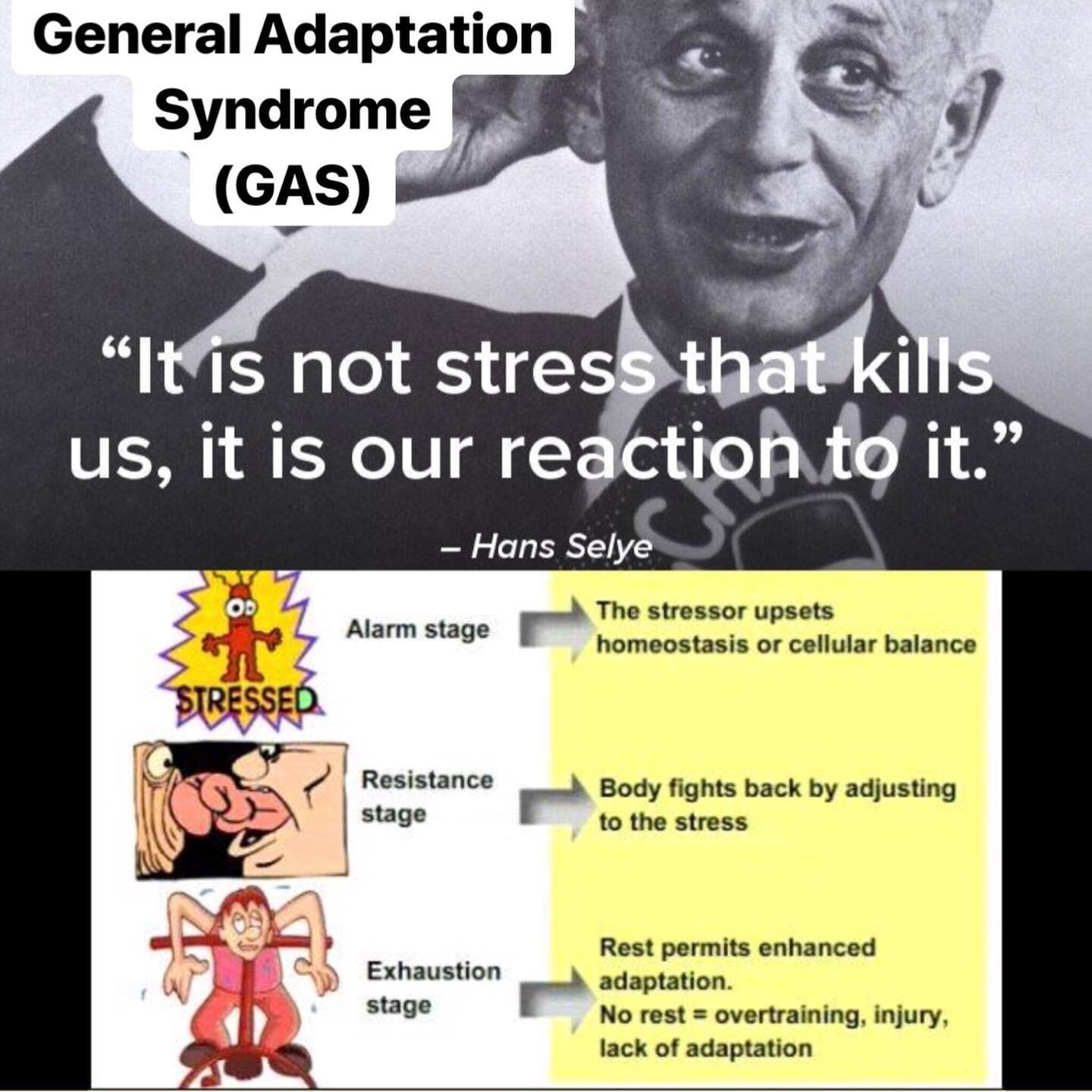 In 1956, Hans Selye introduced General Adaptation Syndrome(GAS), which states that systems in the body will adapt to changes that may be placed upon them.  This is an important part of progressive overload that allows us to set up training cycles the