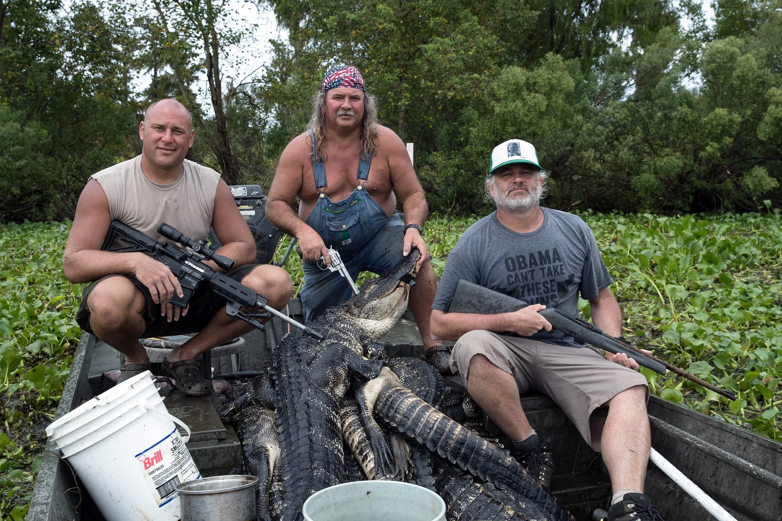 Ron, Bruce, Matt, and a bunch of gators who had a bad day. FYI: the shirt says "Obama can't take these guns" with arrows pointing to my arms. #swamppeople #historychannel #dbrproductions www.dbrpro.com 📷: "Pompo" Alfonso Bresciani