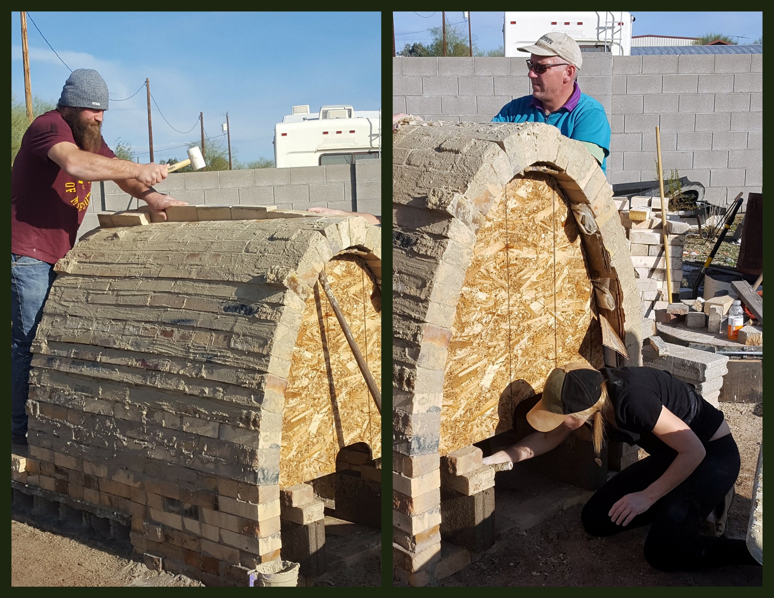 Shane hammers in the final bricks of the arch (left) and Tracy (bottom right) works on pulling the frame out of the arch, while John inspects the work. 
