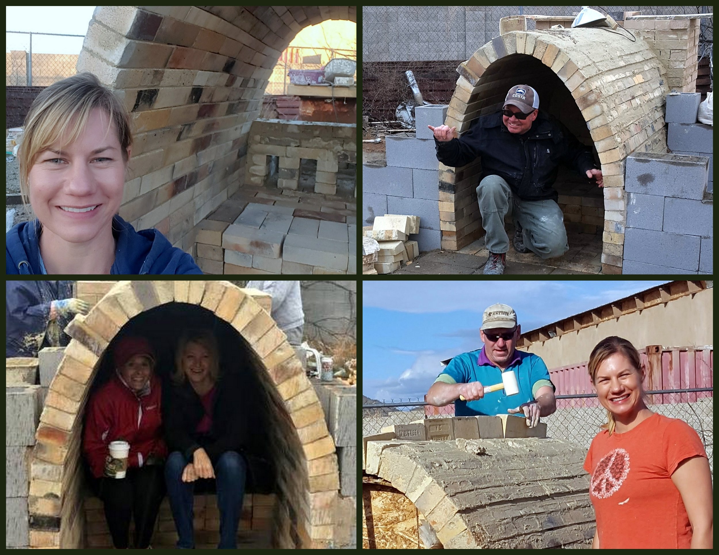 Kiln shots! Me (top left, bottom right), Tom (top left), Tracy and Rose (bottom right), and John hammering some bricks into the top of the arch (bottom right). 