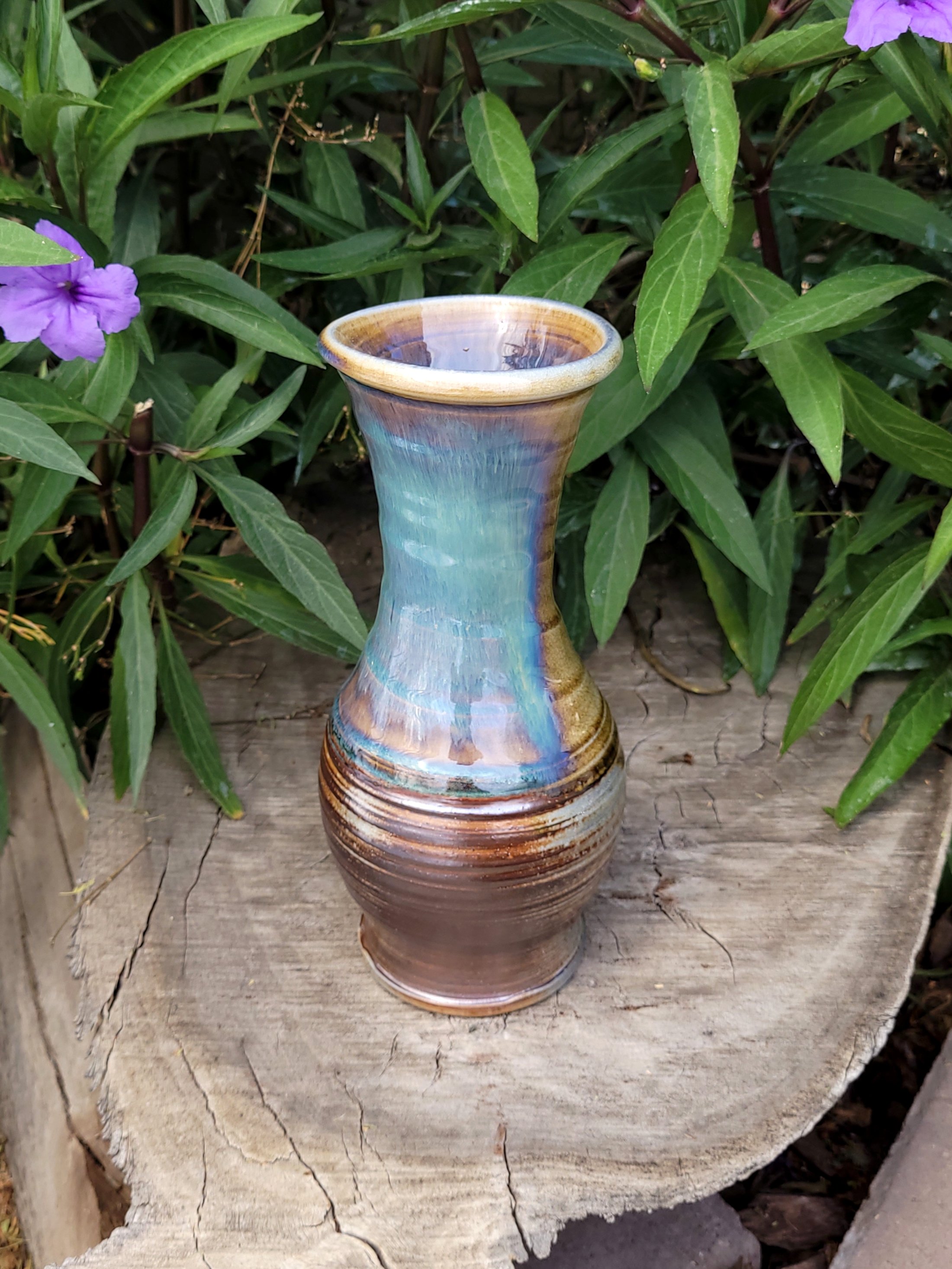 Wood Fired Woo Blue and Brown Slip Textured Vase