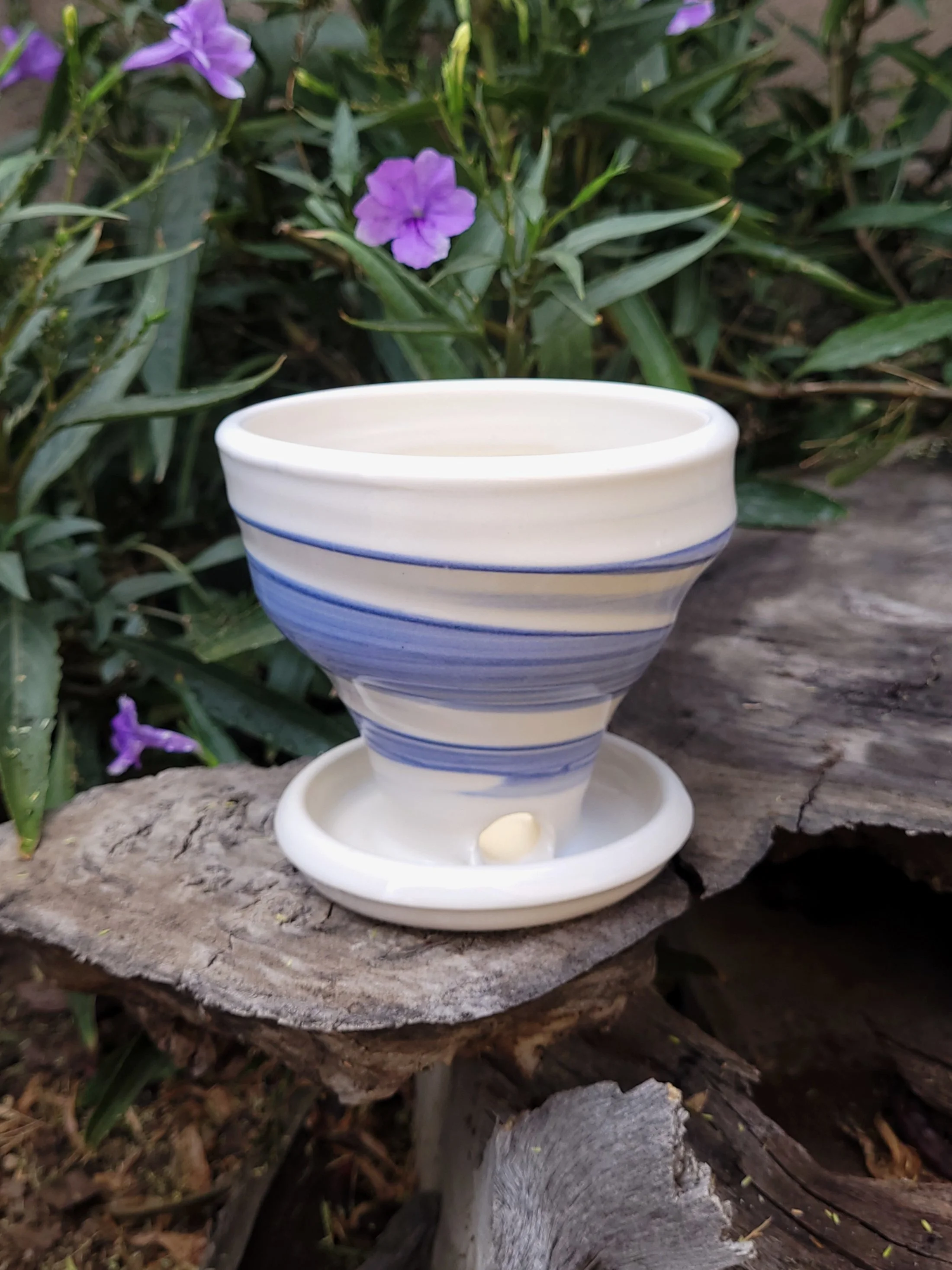 White and Blue Slipped and Swirled Planter with Drainage