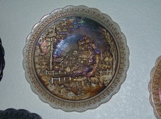 3. Smoke Homestead Plate with a crinkly “stretch” finish. Notice how the pattern has melted down with the reheating to make a stretch finish from the Don Moore collection.