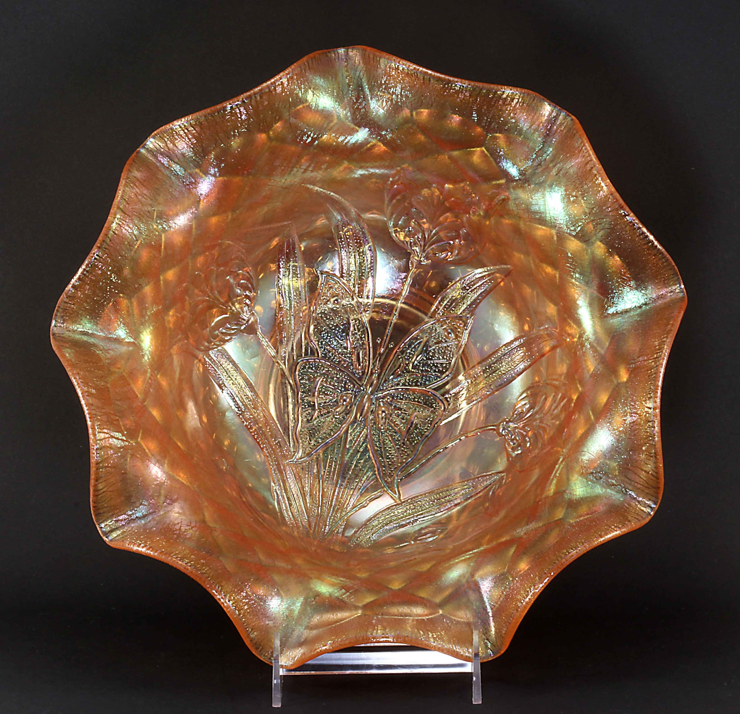 Fenton Late Period Marigold Big Butterfly Crimped Bowl