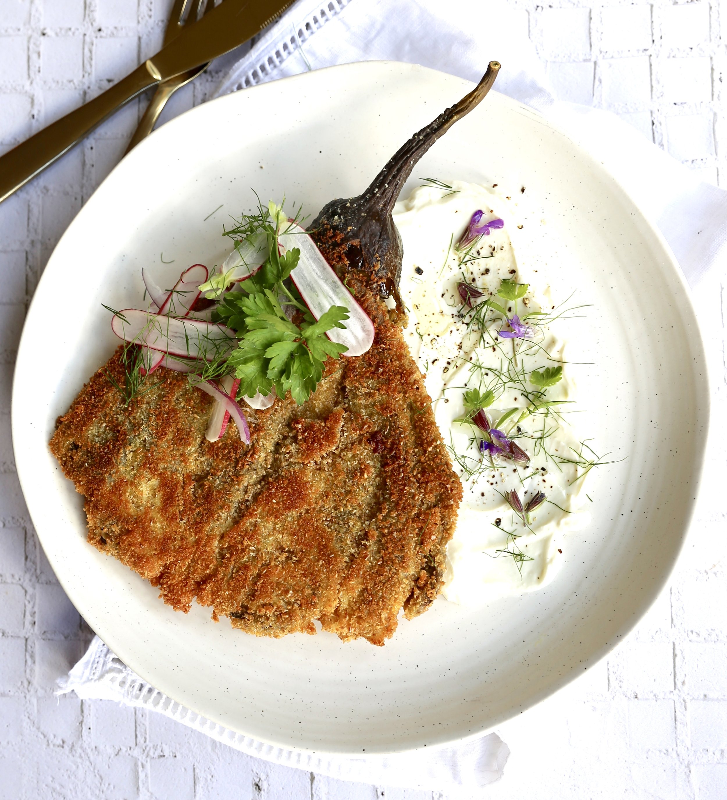 AUBERGINE SCHNITZEL WITH LEMON AND YOGHURT