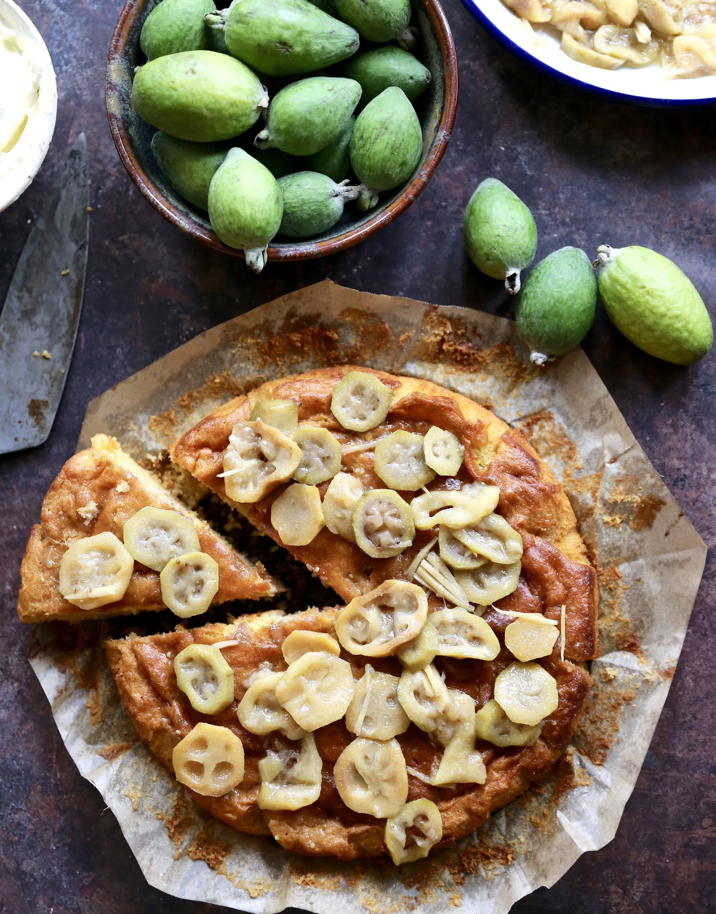 HONEY &amp; POLENTA CAKE WITH GINGER POACHED FEIJOAS