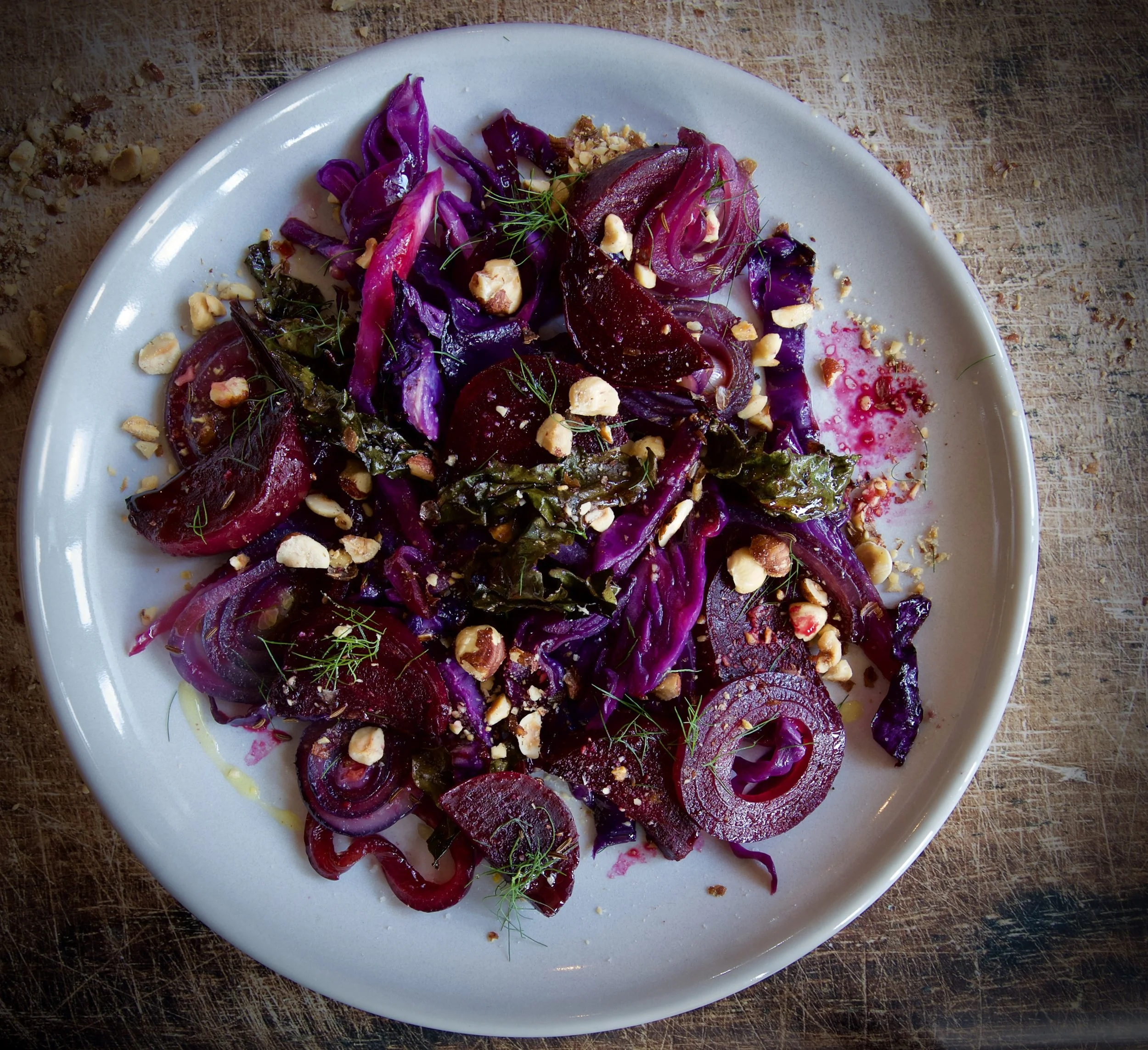WARM SALAD OF ROASTED RED CABBAGE, BEETROOT AND ONIONS