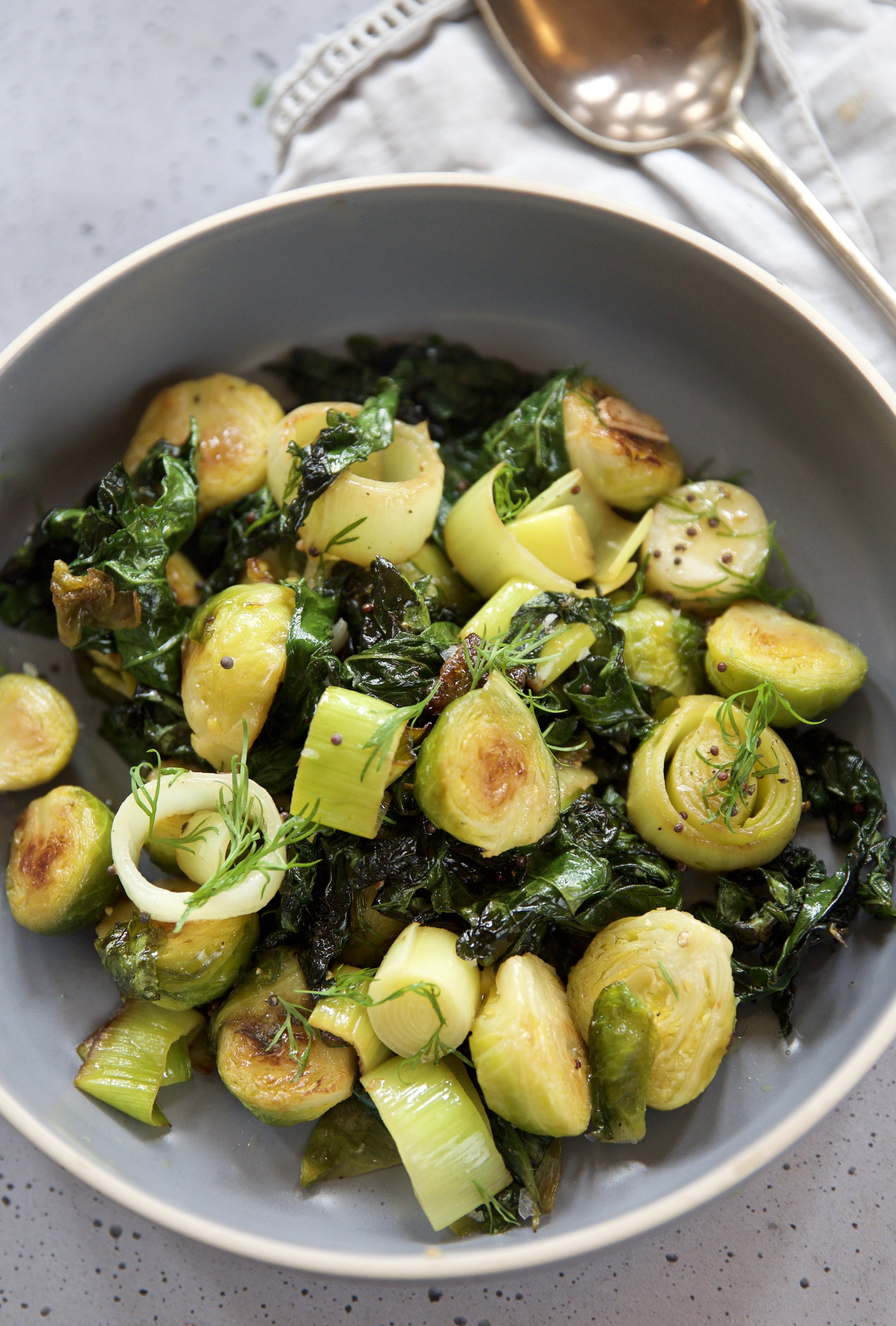 SAUTEED BRUSSELS SPROUTS, LEEK AND CRISPY KALE