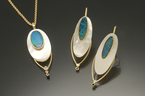 Mother of Pearl and Opal Earrings and Pendant