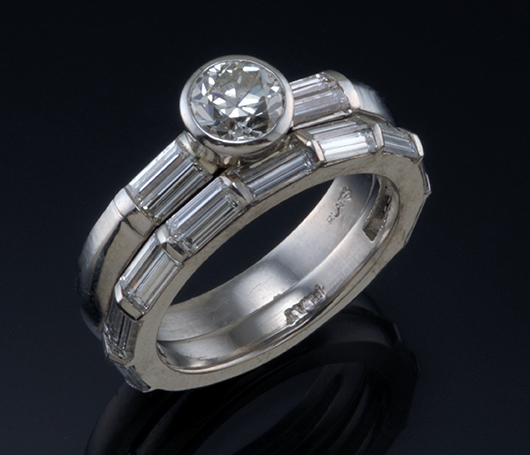 Platinum and Diamond Engagement Ring and Wedding Band set wiht Baguettes