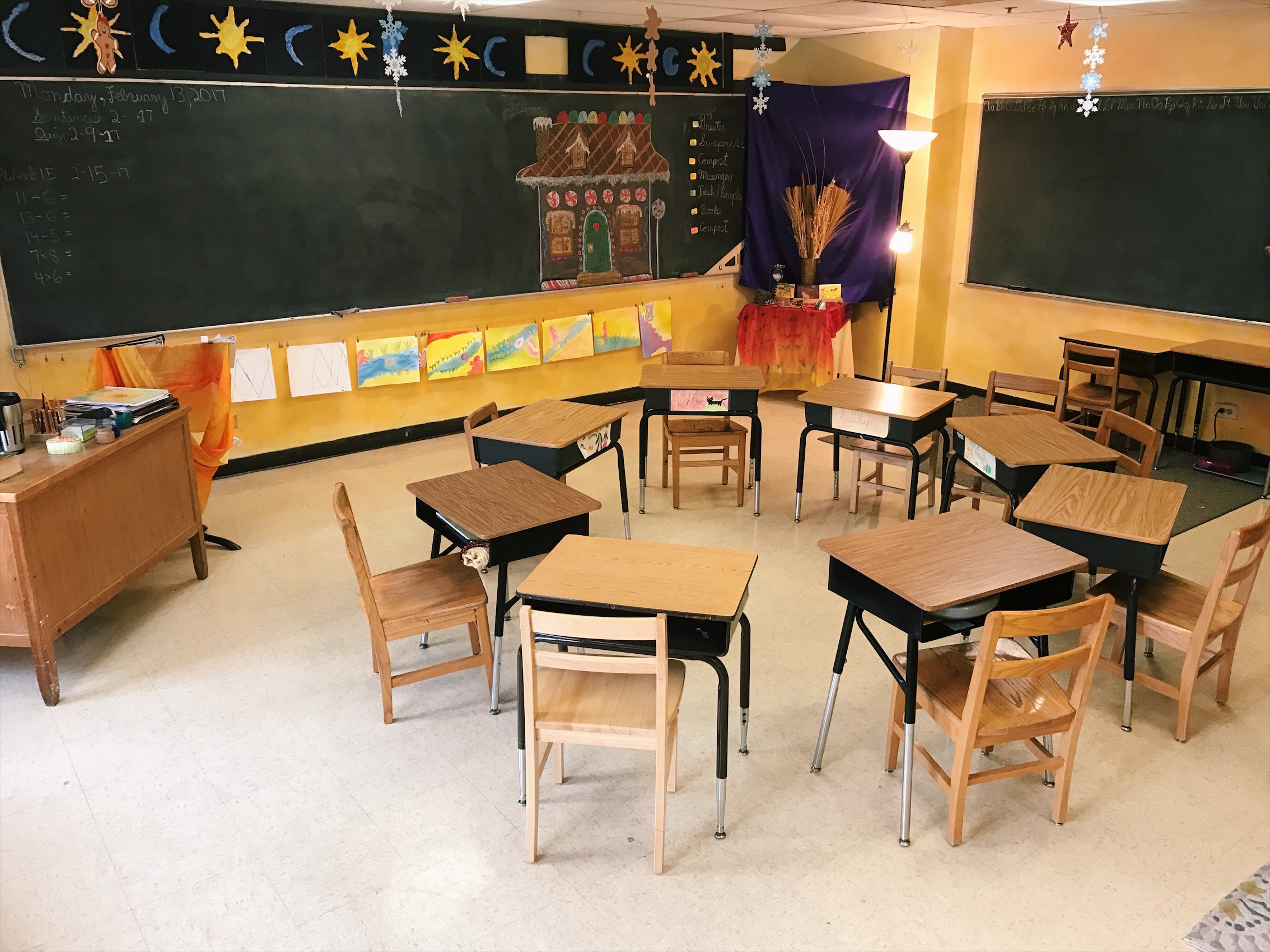 Third graders are enjoying a main lesson block where they have their desk put in a circle for increased interaction and learning.