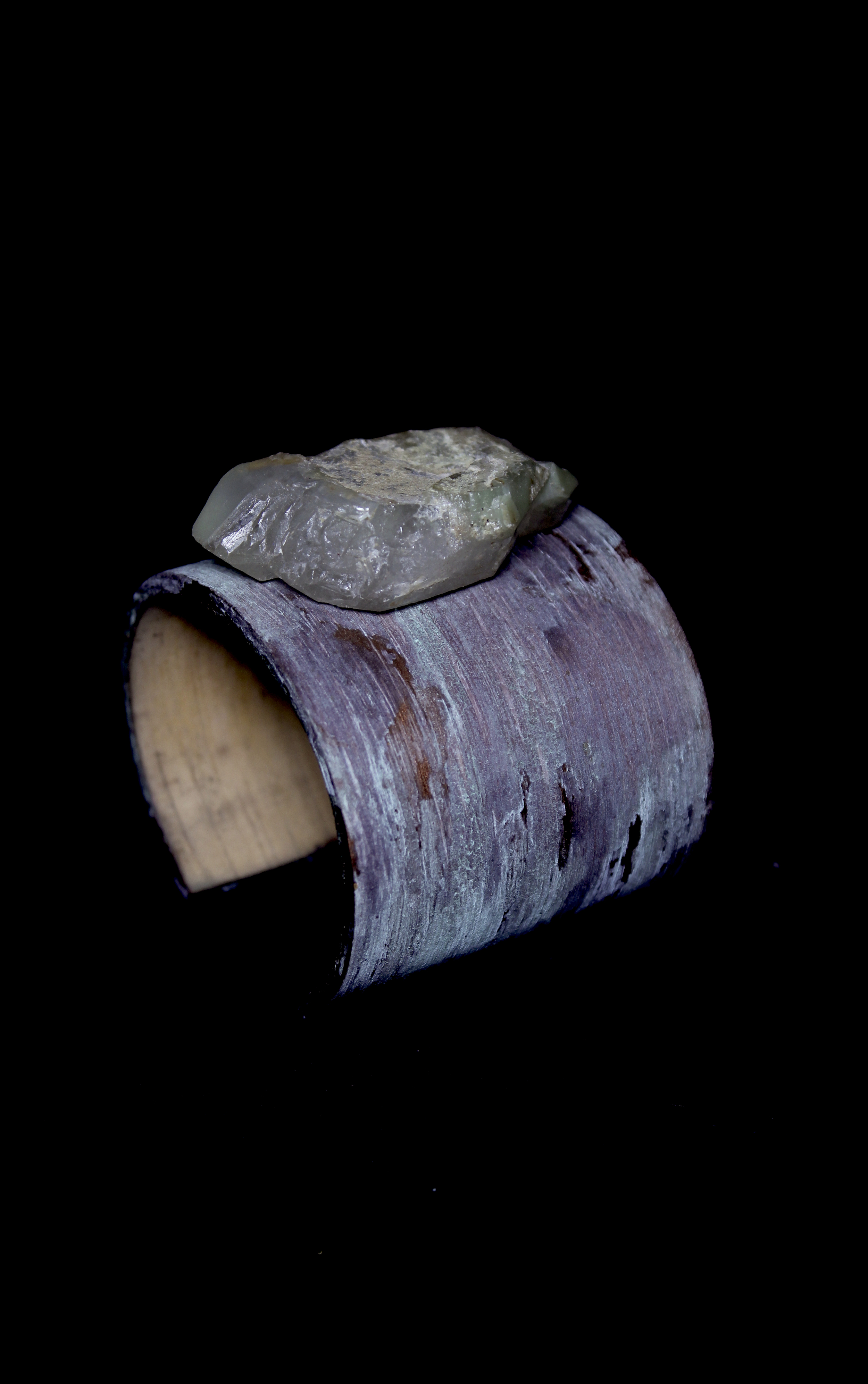 Copper Patina Wooden Cuff with Aquamarine Quartz