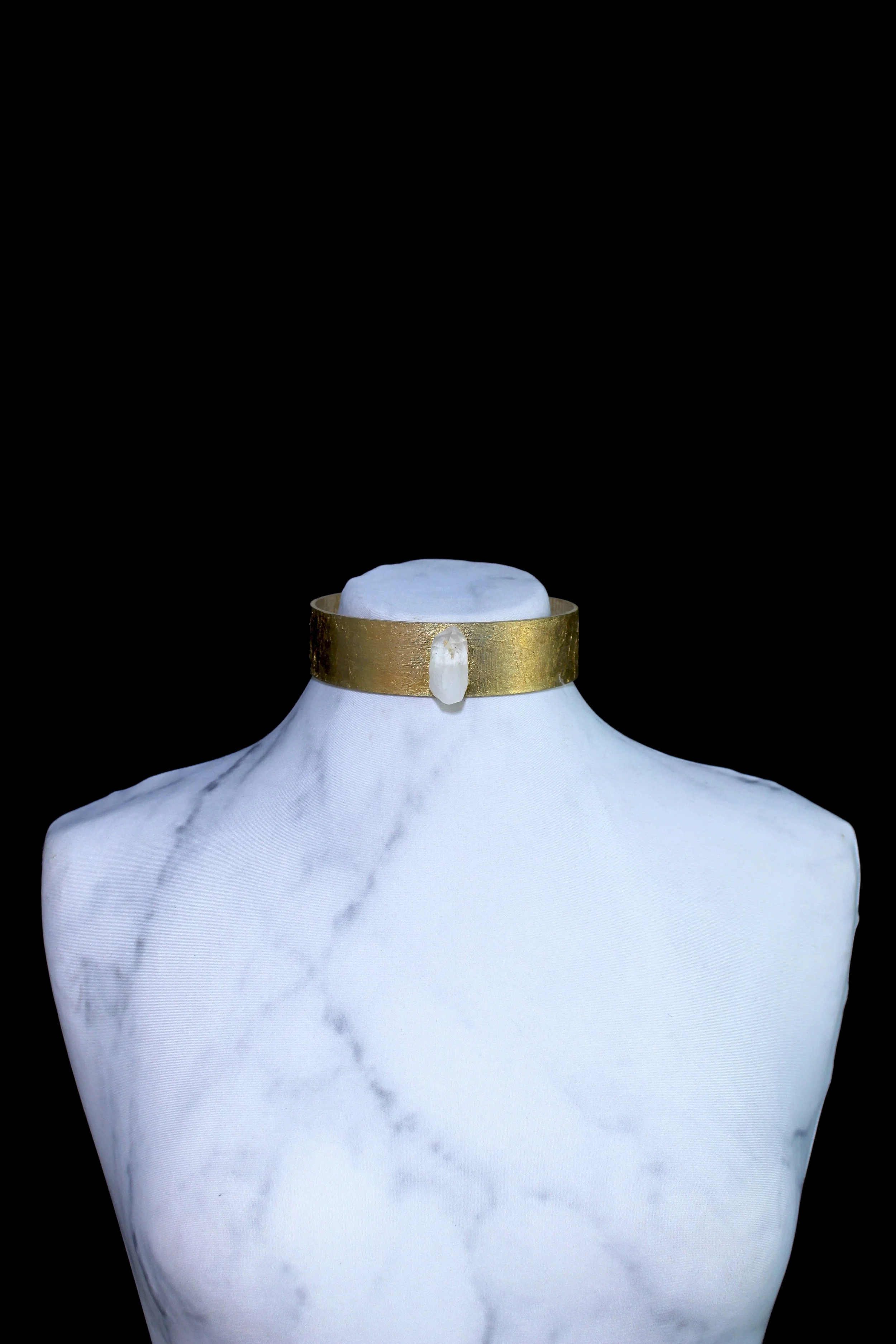 Gold Leaf Wooden Choker with Clear Quartz