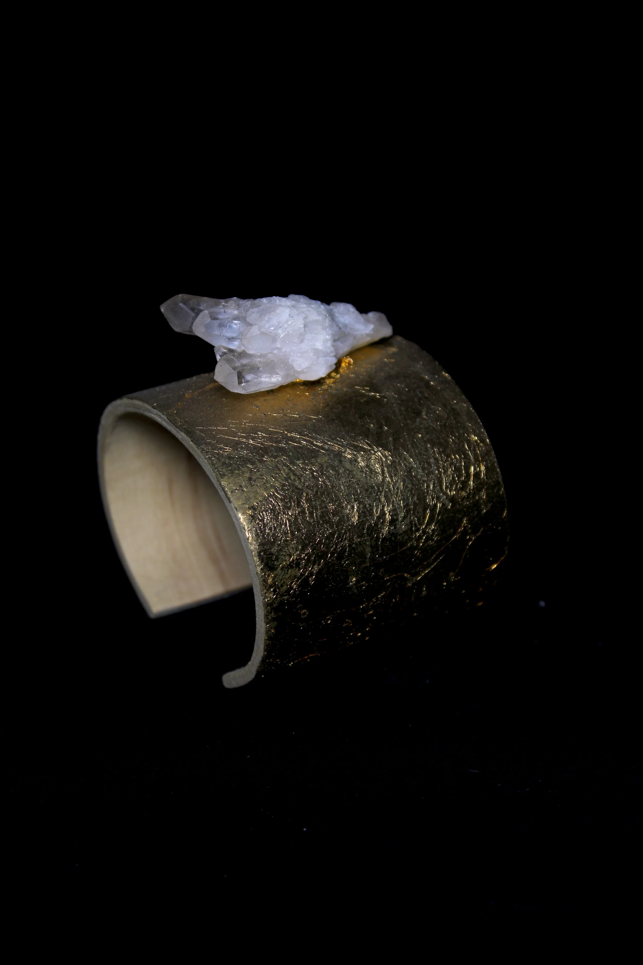 Gold Leaf Wooden Cuff with Clear Quartz