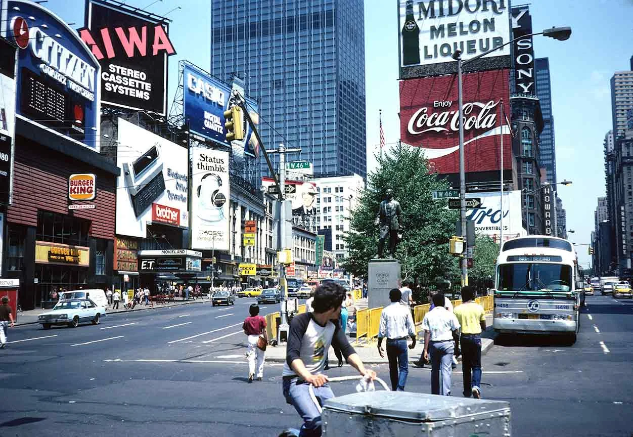 1982 NY, Times Square, Bicycle Delivery Man (For Gore Vidal)