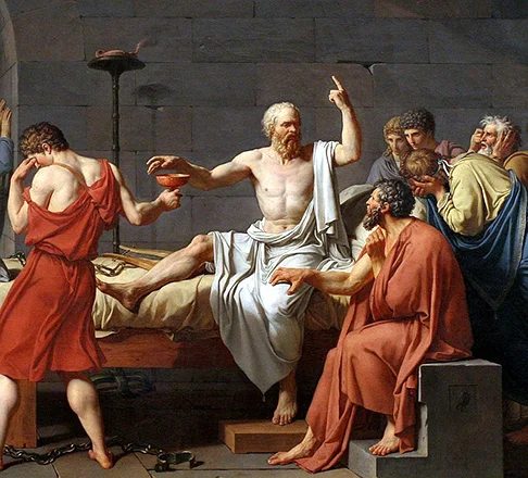 Tableau with classically sculpted bodies in Socrates 1787 Jacques-Louis David