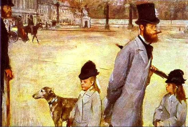 Photographic staging carefully thought out - including the man half in and half out of the picture on the left in Place de la Concorde Edgar Degas 1875
