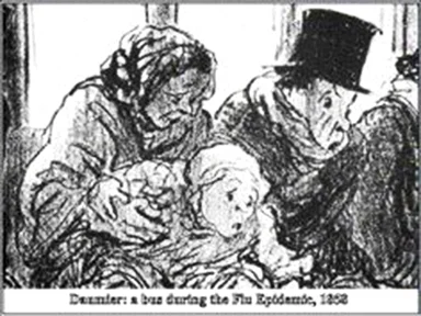 Shown first as a lithograph in a magazine - not an art gallery. Bus During a Flu Epidemic 1858 Honoré Daumier