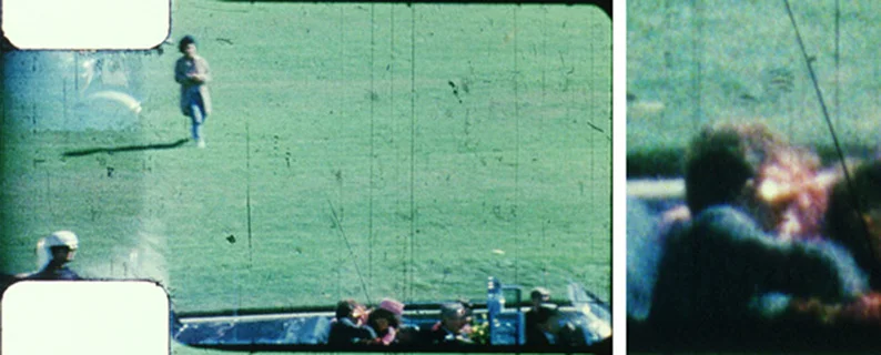 On the left Zapruder Kennedy assassination film frame #317. On the right a magnification of John Kennedy's head from the same frame.