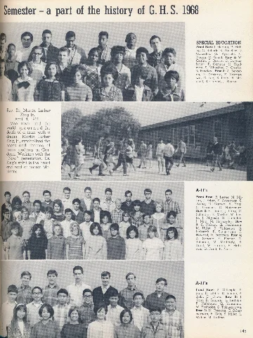 Gardena High School Yearbook 1968. The dedication (second paragraph) reads: "Rev. Dr. Martin Luther King Jr. April 4, 1968...Moetown and the world mourned the death of a man with a dream. MLK symbolized the hopes and dreams of many students at Gardena. Working with the "Now" generation, Dr King's spirit is in the heart and soul of many Mohicans."