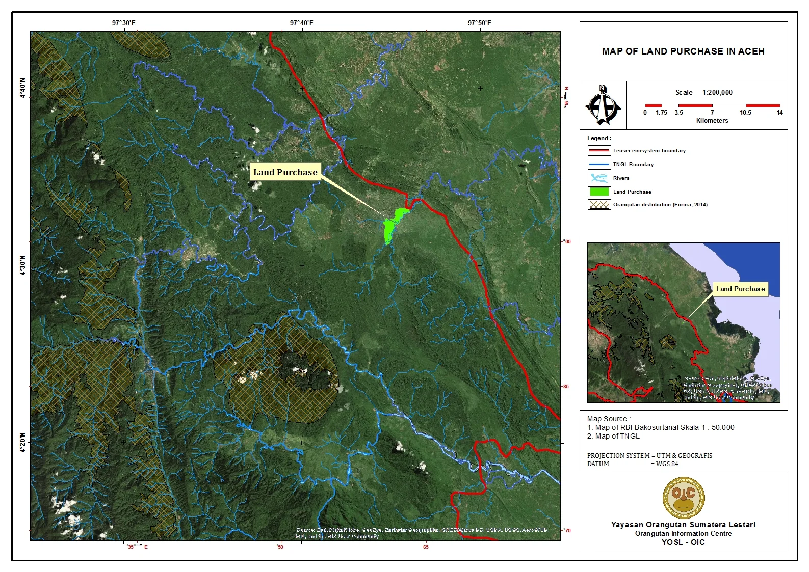 Map of Land purchase in Indonesia, with orangutan habitat.