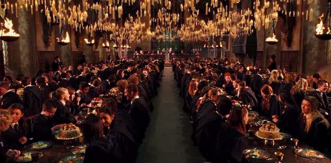 A magical candle-lit dinner in the Great Hall, Harry Potter.