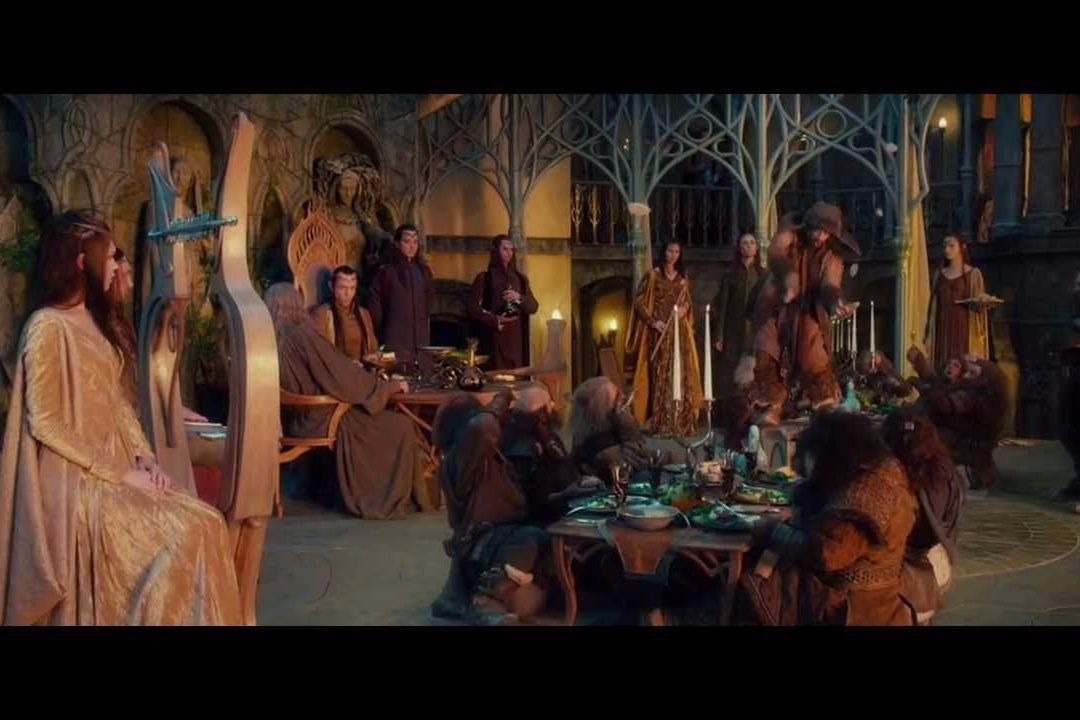 The Hobbits sit down to an Elvish feast in the fantasy series by JRR Tolkien.
